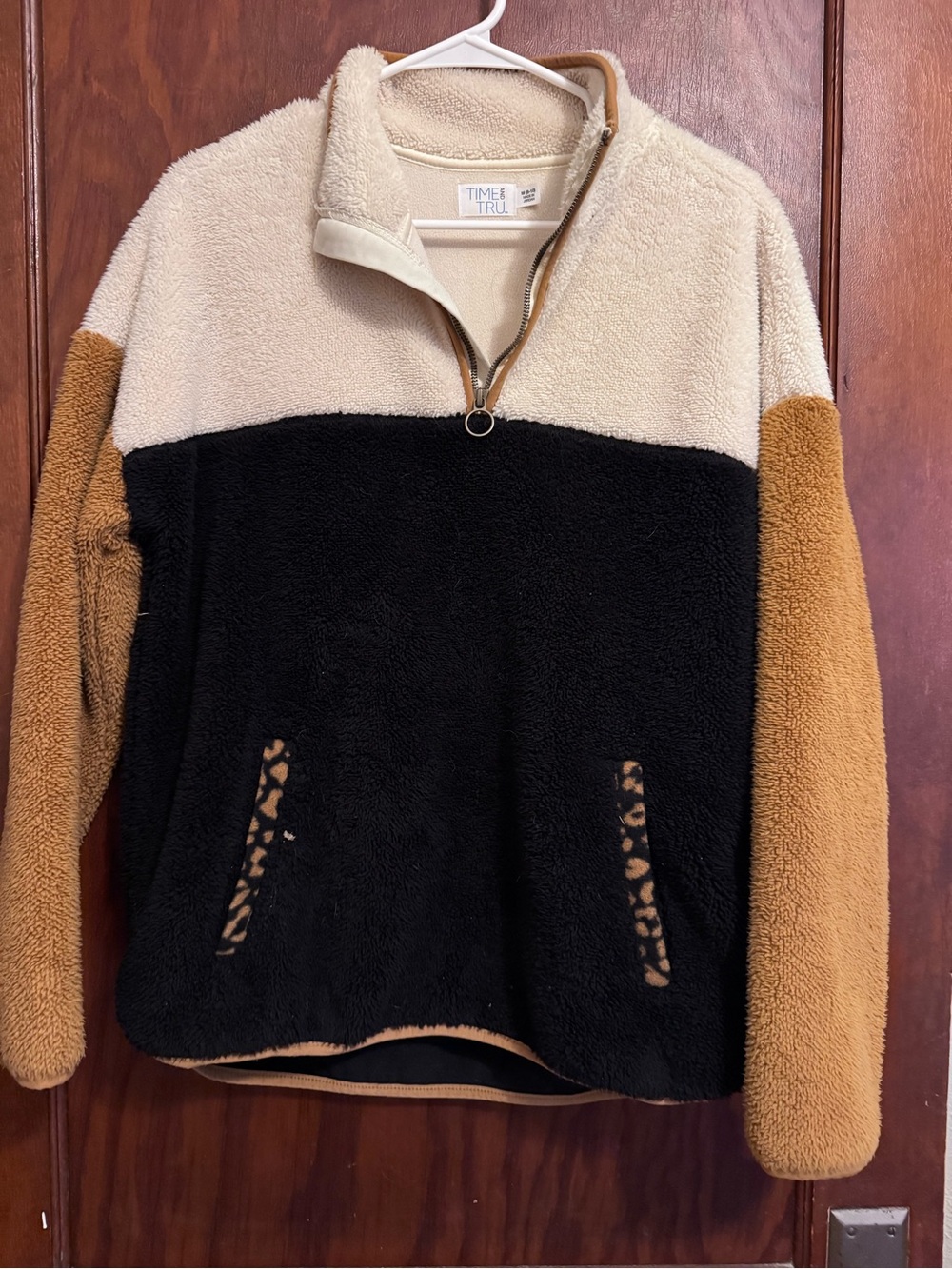 Time and Tru Colorblock Sherpa Pullover - Cream, Black & Brown